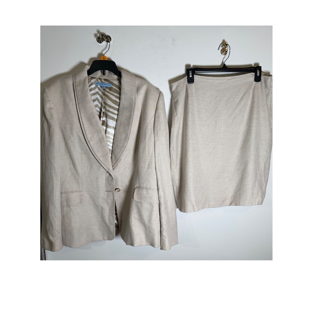 Antonio Melani Beige Linen Blend Skirt Suit Set Shawl Collar Blazer Size 14